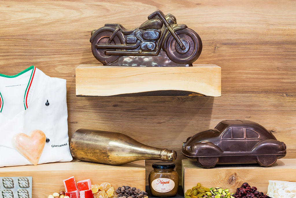 Chocolate motorbikes and cars in our chocolate garage.